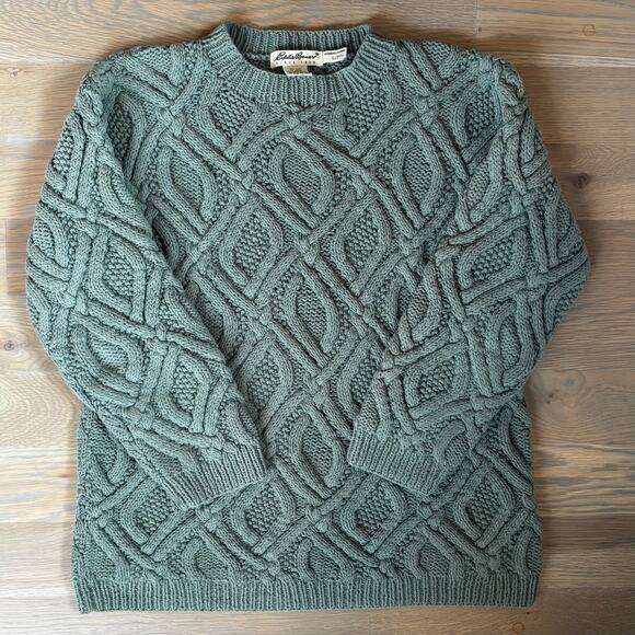 VTG Y2K Eddie Bauer Chunky Cable Knit Crewneck Sweater Green Womens Size Small - Picture 1 of 7
